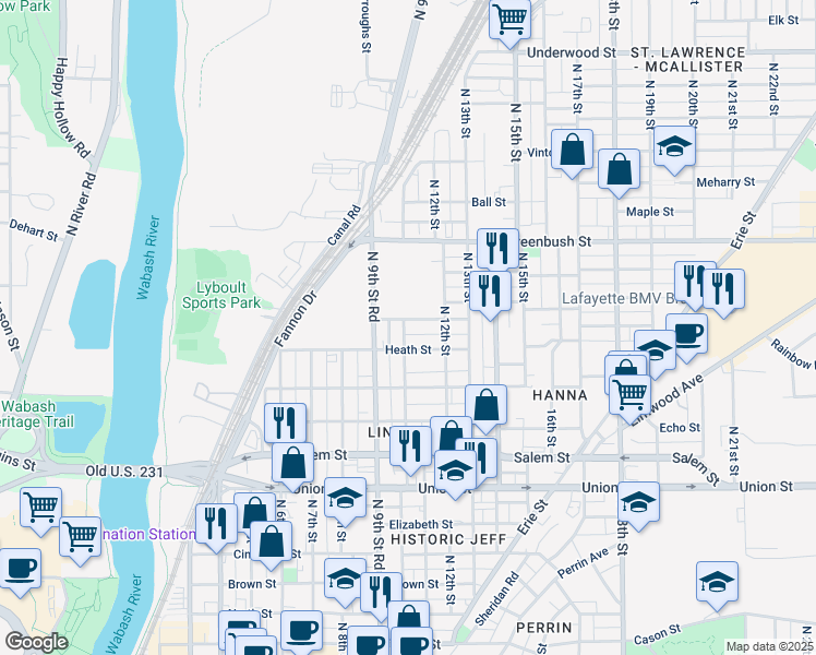map of restaurants, bars, coffee shops, grocery stores, and more near 1250 North 10th Street in Lafayette
