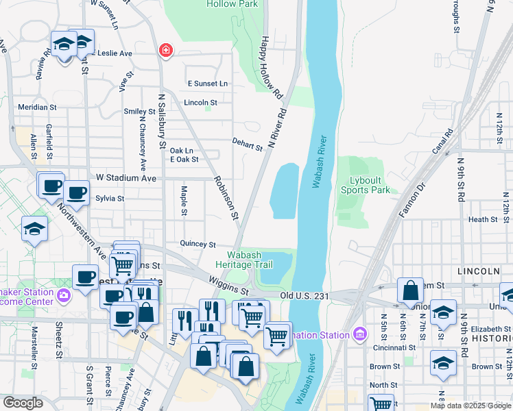map of restaurants, bars, coffee shops, grocery stores, and more near 518 North River Road in West Lafayette