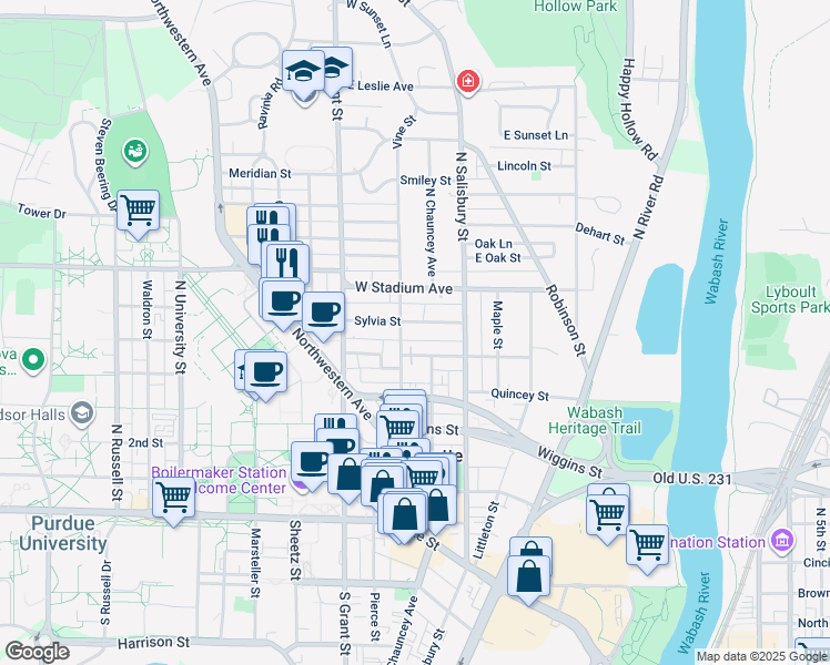 map of restaurants, bars, coffee shops, grocery stores, and more near 131 Sylvia Street in West Lafayette