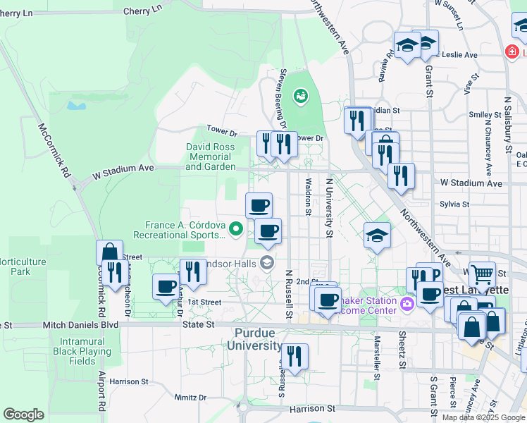 map of restaurants, bars, coffee shops, grocery stores, and more near Tarkington Dr in West Lafayette
