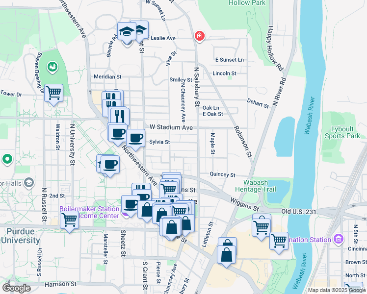 map of restaurants, bars, coffee shops, grocery stores, and more near 131 Sylvia St in West Lafayette