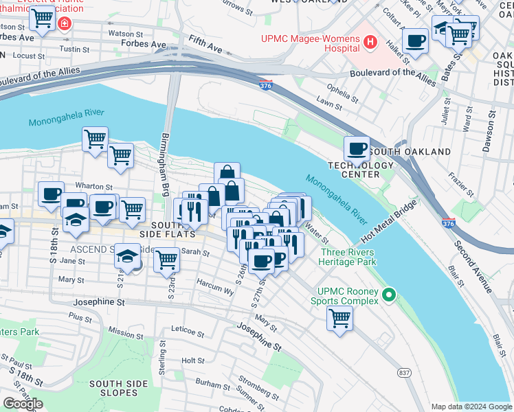 map of restaurants, bars, coffee shops, grocery stores, and more near 112 Wharton Court in Pittsburgh