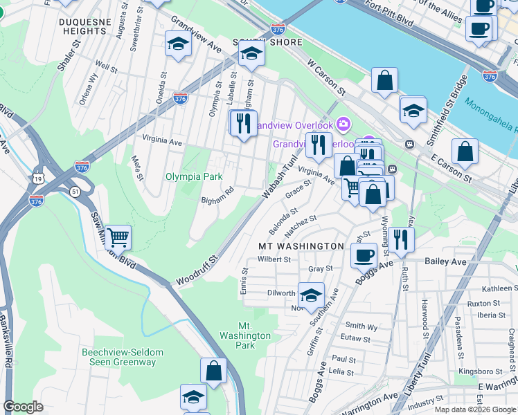 map of restaurants, bars, coffee shops, grocery stores, and more near 383 Wabash Tunnel in Pittsburgh