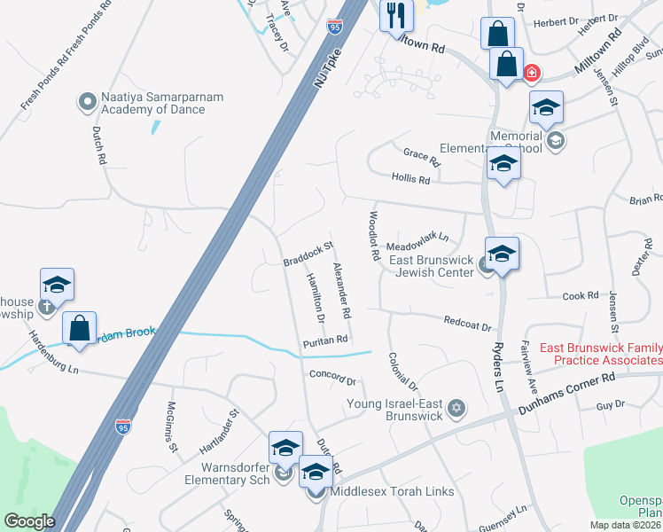 map of restaurants, bars, coffee shops, grocery stores, and more near 10 Alexander Road in East Brunswick
