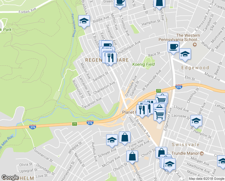 map of restaurants, bars, coffee shops, grocery stores, and more near 7509 Trevanion Avenue in Swissvale