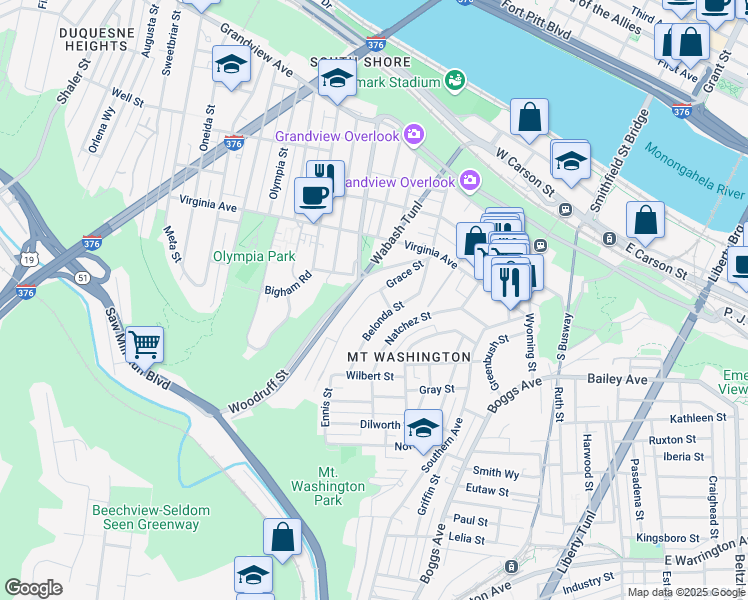map of restaurants, bars, coffee shops, grocery stores, and more near 407 Grace St in Pittsburgh