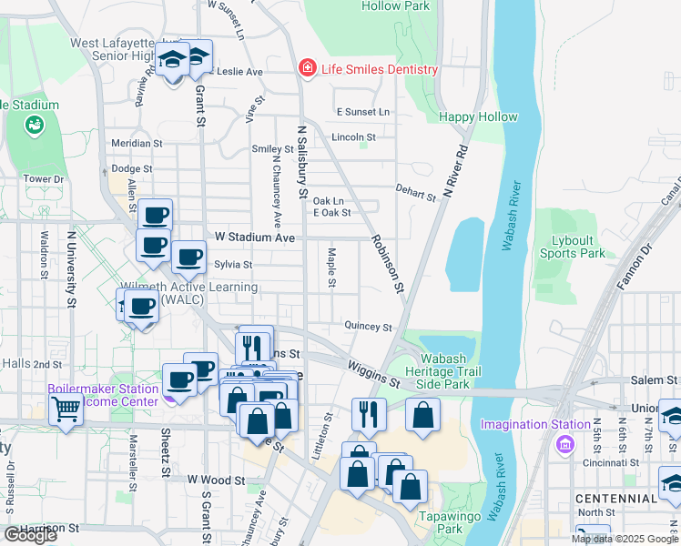 map of restaurants, bars, coffee shops, grocery stores, and more near 464 Maple Street in West Lafayette