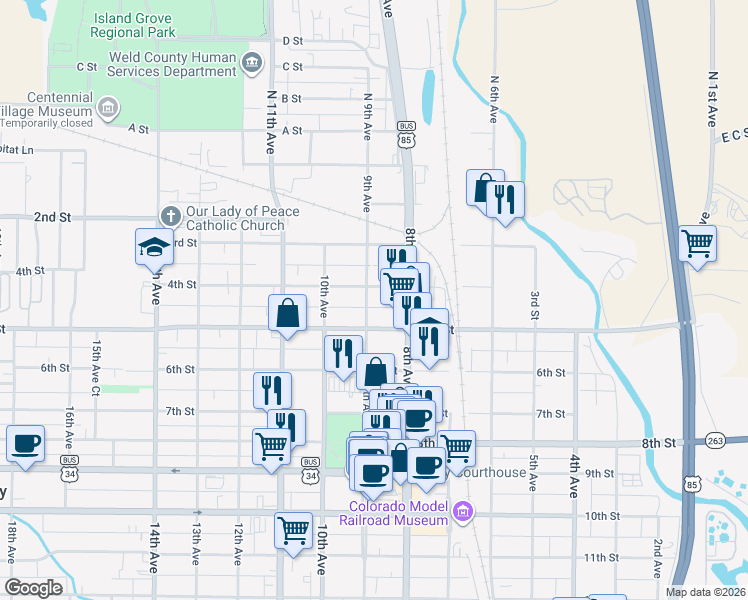 map of restaurants, bars, coffee shops, grocery stores, and more near 408 9th Avenue in Greeley
