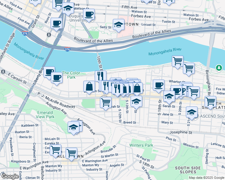 map of restaurants, bars, coffee shops, grocery stores, and more near 1101 Bingham Street in Pittsburgh