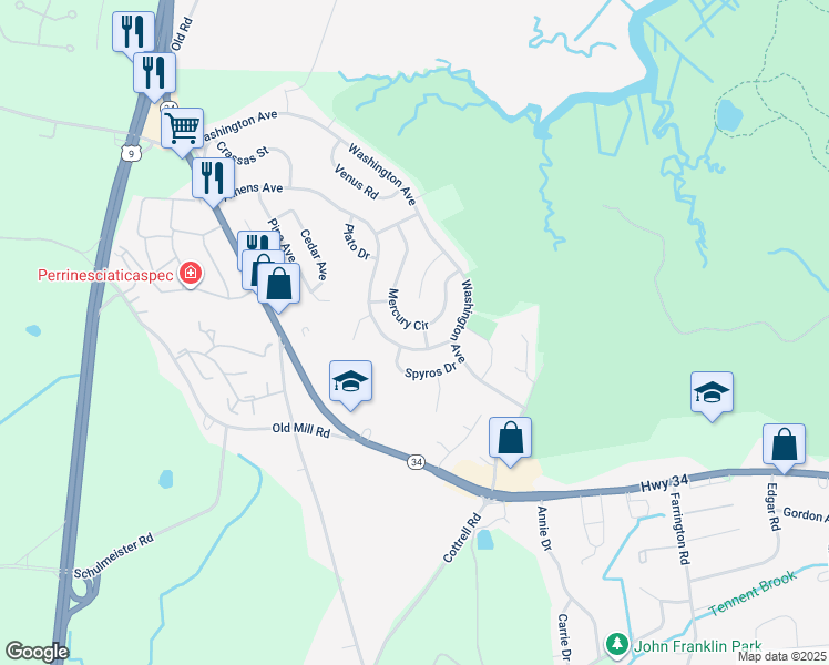 map of restaurants, bars, coffee shops, grocery stores, and more near 39 Mercury Circle in South Amboy