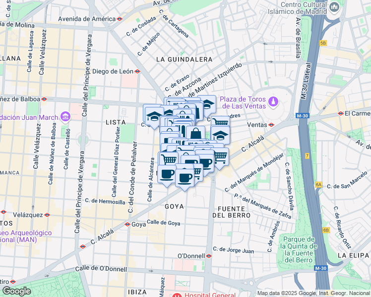 map of restaurants, bars, coffee shops, grocery stores, and more near 100 Calle de José Ortega y Gasset in Madrid