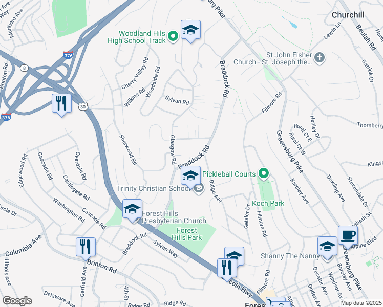 map of restaurants, bars, coffee shops, grocery stores, and more near 743 Braddock Road in Pittsburgh