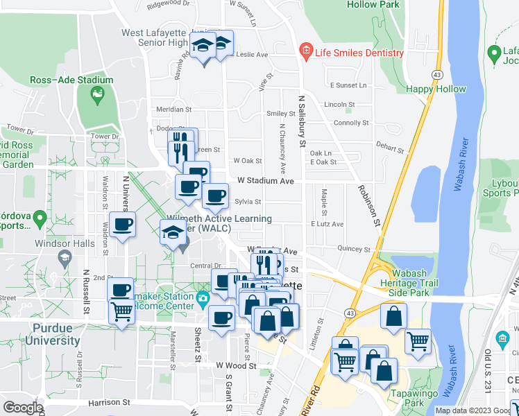 map of restaurants, bars, coffee shops, grocery stores, and more near 465 Vine Street in West Lafayette