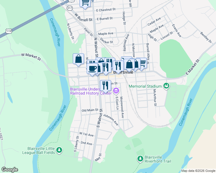 map of restaurants, bars, coffee shops, grocery stores, and more near 114 South Stewart Street in Blairsville
