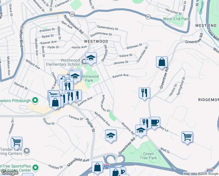 map of restaurants, bars, coffee shops, grocery stores, and more near 1931 Warriors Road in Pittsburgh