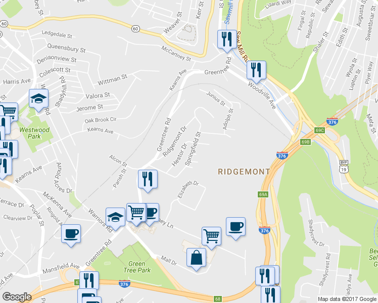 map of restaurants, bars, coffee shops, grocery stores, and more near 620 Springfield Street in Pittsburgh