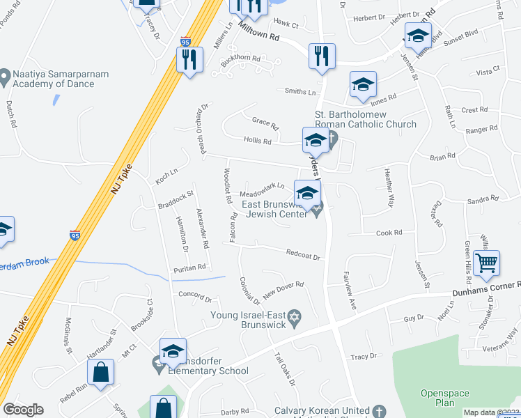 map of restaurants, bars, coffee shops, grocery stores, and more near 23 Thrush Drive in East Brunswick