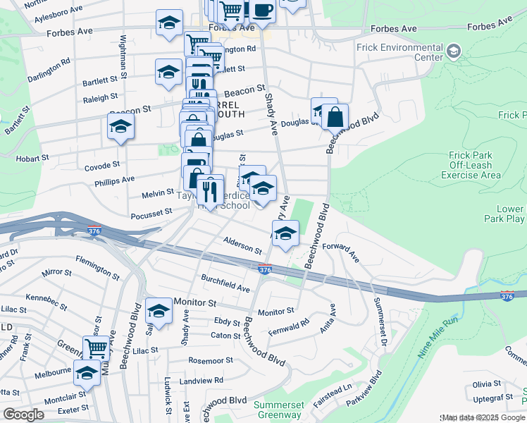 map of restaurants, bars, coffee shops, grocery stores, and more near 2409 Shady Avenue in Pittsburgh