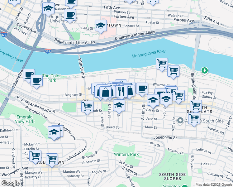 map of restaurants, bars, coffee shops, grocery stores, and more near 1323 Bingham Street in Pittsburgh