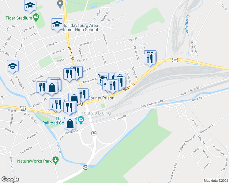 map of restaurants, bars, coffee shops, grocery stores, and more near 913 Blair Street in Hollidaysburg