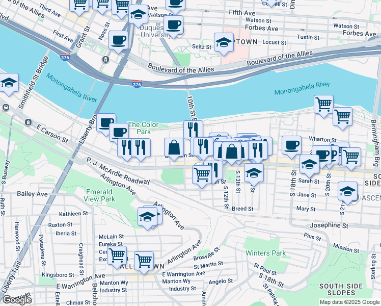 map of restaurants, bars, coffee shops, grocery stores, and more near 38 South 10th Street in Pittsburgh