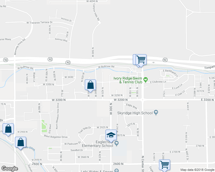 map of restaurants, bars, coffee shops, grocery stores, and more near 3349 North 350 West in Lehi