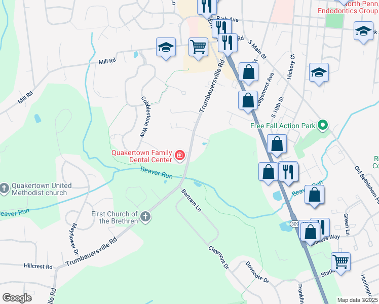 map of restaurants, bars, coffee shops, grocery stores, and more near 214 Trumbauersville Road in Quakertown