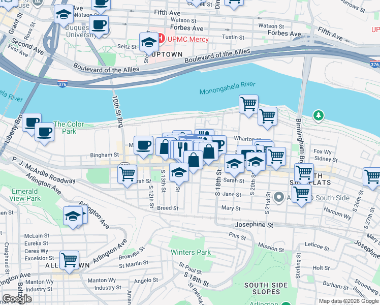 map of restaurants, bars, coffee shops, grocery stores, and more near 1511 Bingham Street in Pittsburgh
