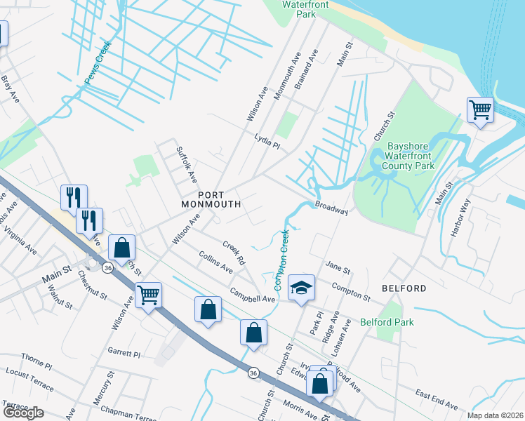 map of restaurants, bars, coffee shops, grocery stores, and more near 1 Pinehurst Avenue in Port Monmouth