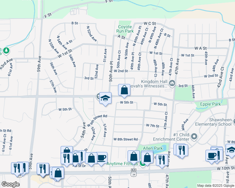 map of restaurants, bars, coffee shops, grocery stores, and more near 395 50th Avenue Court in Greeley