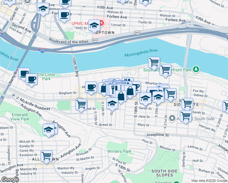 map of restaurants, bars, coffee shops, grocery stores, and more near in Pittsburgh