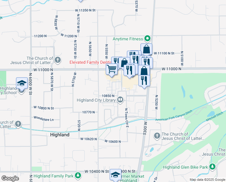 map of restaurants, bars, coffee shops, grocery stores, and more near 5517 Sicily Lane in Highland