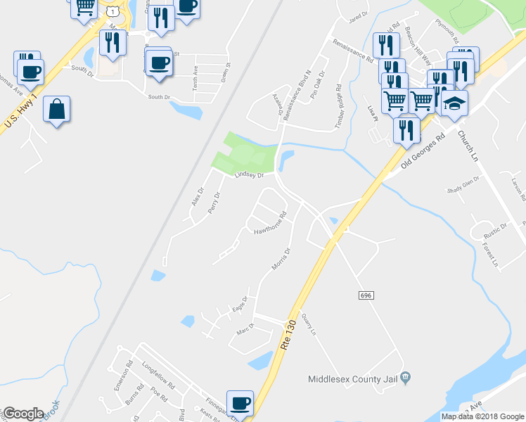 map of restaurants, bars, coffee shops, grocery stores, and more near 34 Palmetto Way in North Brunswick
