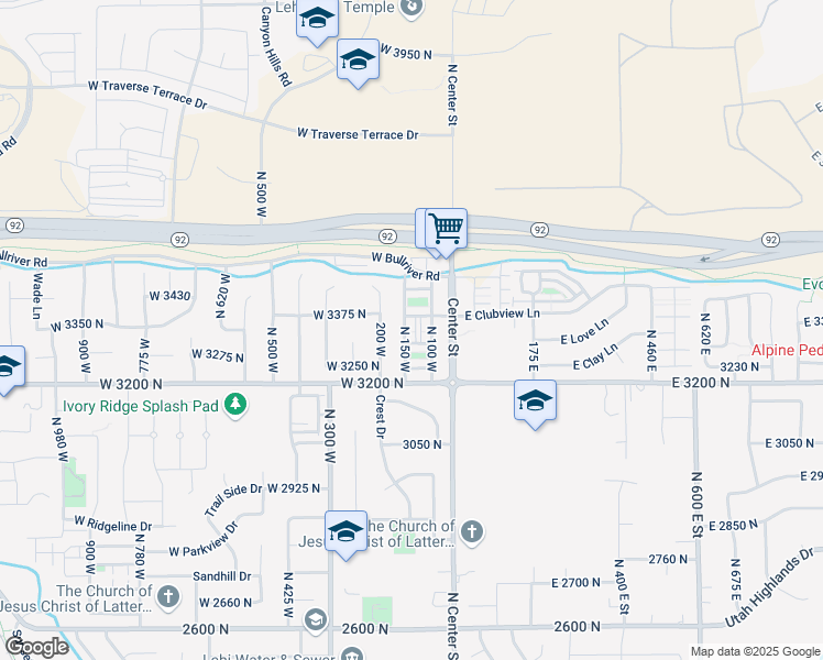map of restaurants, bars, coffee shops, grocery stores, and more near 3327 North 150 West in Lehi