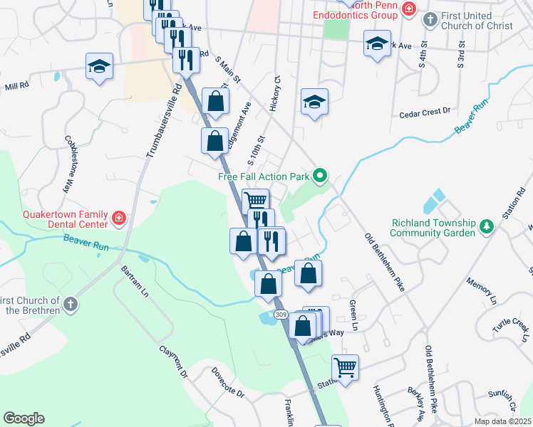 map of restaurants, bars, coffee shops, grocery stores, and more near 5 Congress Court in Quakertown