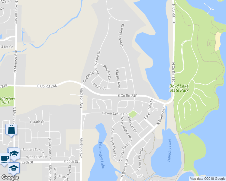 map of restaurants, bars, coffee shops, grocery stores, and more near 1576 Platte Court in Loveland