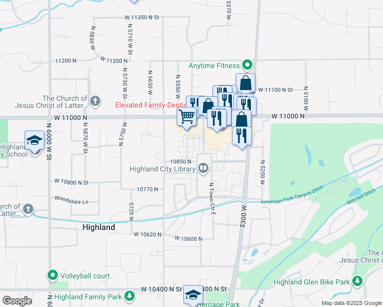 map of restaurants, bars, coffee shops, grocery stores, and more near 5509 Sicily Lane in Highland