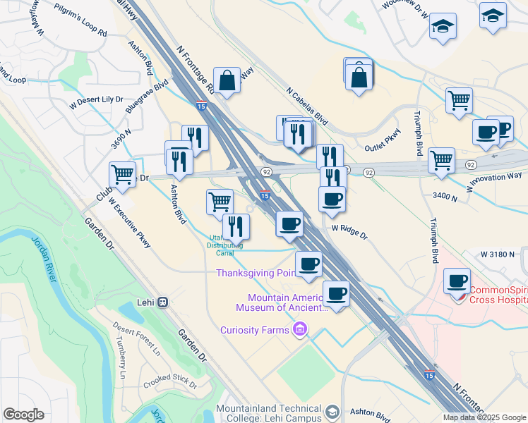 map of restaurants, bars, coffee shops, grocery stores, and more near 3401 North Thanksgiving Way in Lehi