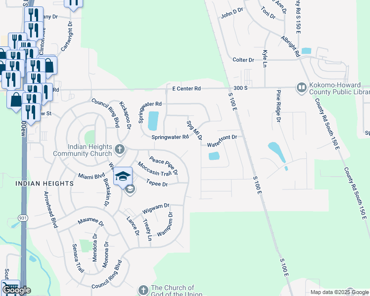 map of restaurants, bars, coffee shops, grocery stores, and more near 1300 Council Court in Kokomo