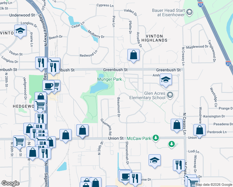 map of restaurants, bars, coffee shops, grocery stores, and more near 1208 Beaumont Drive in Lafayette