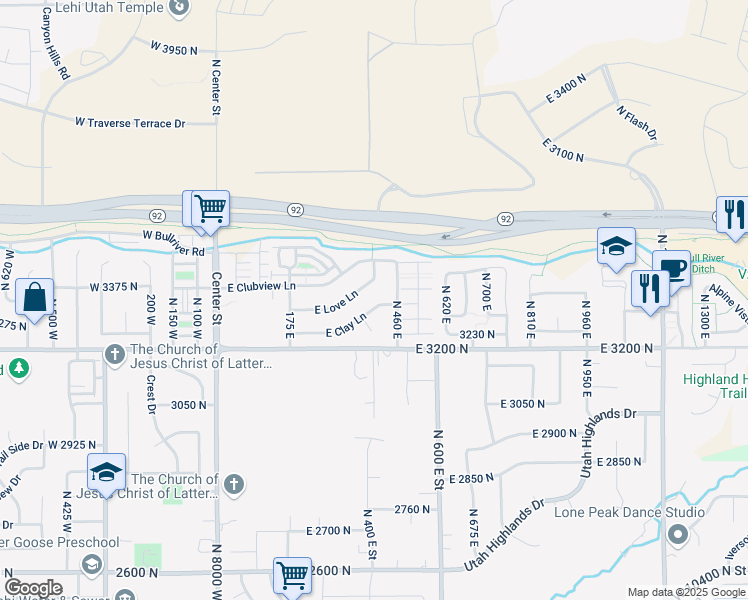 map of restaurants, bars, coffee shops, grocery stores, and more near 407 East Clay Lane in Lehi