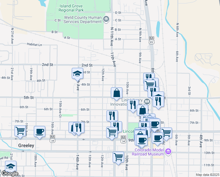 map of restaurants, bars, coffee shops, grocery stores, and more near 1112 4th Street in Greeley