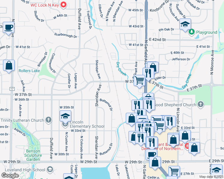map of restaurants, bars, coffee shops, grocery stores, and more near 3636 Butternut Drive in Loveland