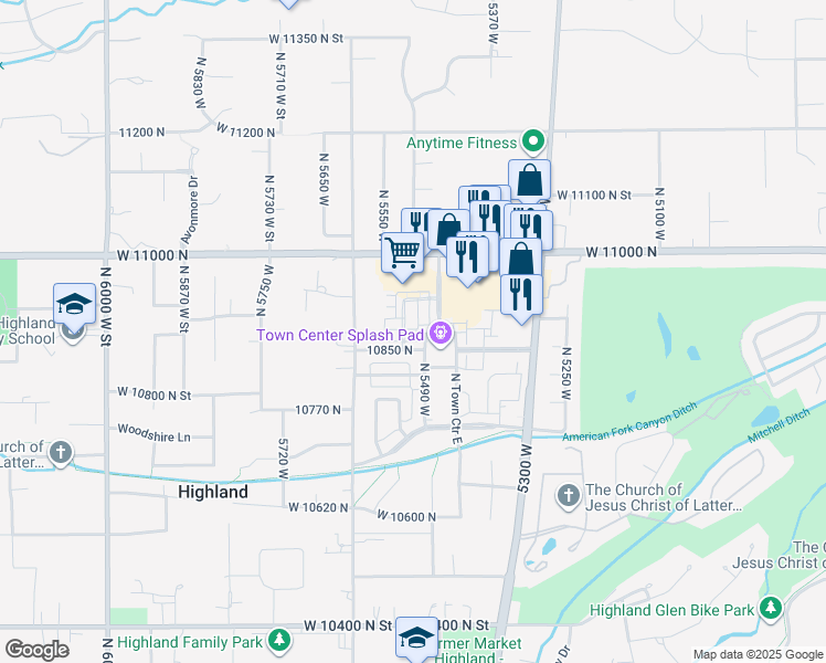 map of restaurants, bars, coffee shops, grocery stores, and more near 5517 Sicily Lane in Highland