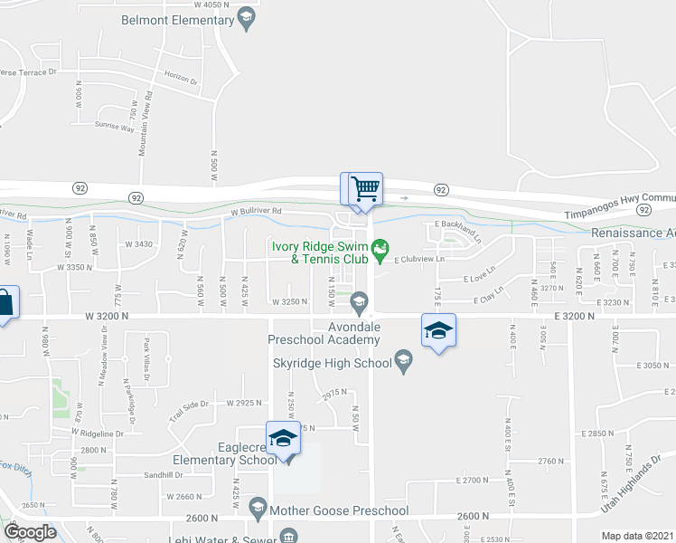 map of restaurants, bars, coffee shops, grocery stores, and more near 3327 North 150 West in Lehi