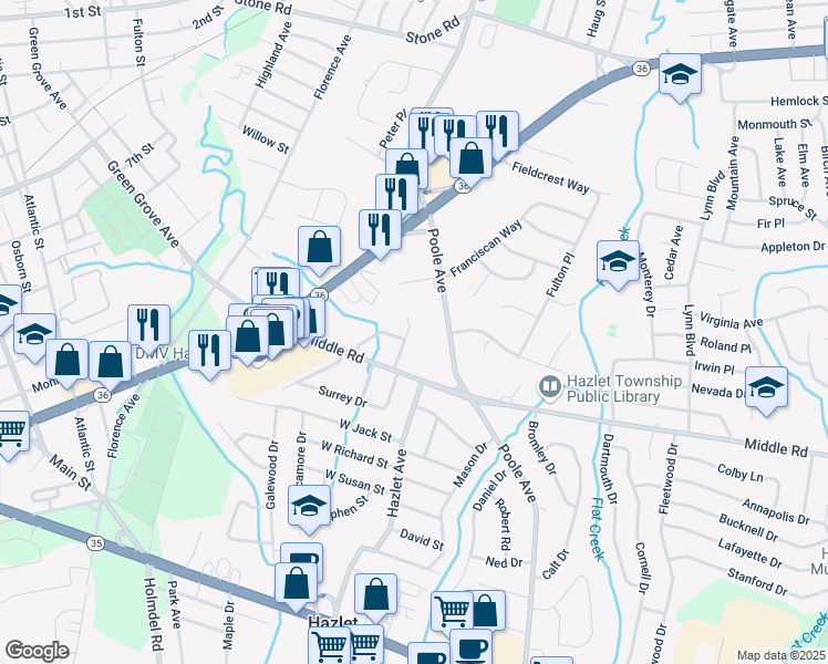 map of restaurants, bars, coffee shops, grocery stores, and more near 11 Carriage Road North in Hazlet