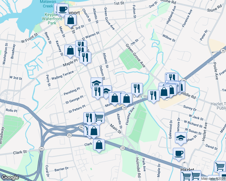 map of restaurants, bars, coffee shops, grocery stores, and more near 280 Atlantic Street in Keyport