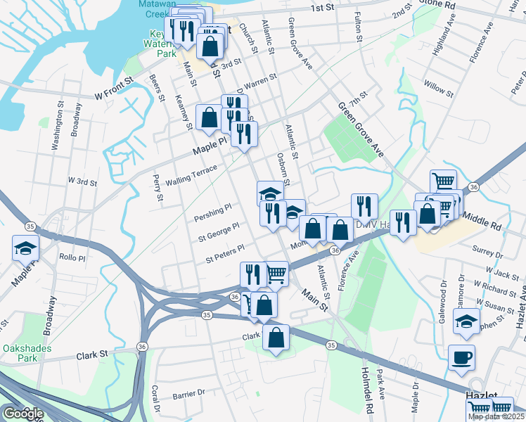 map of restaurants, bars, coffee shops, grocery stores, and more near 324 Broad Street in Keyport