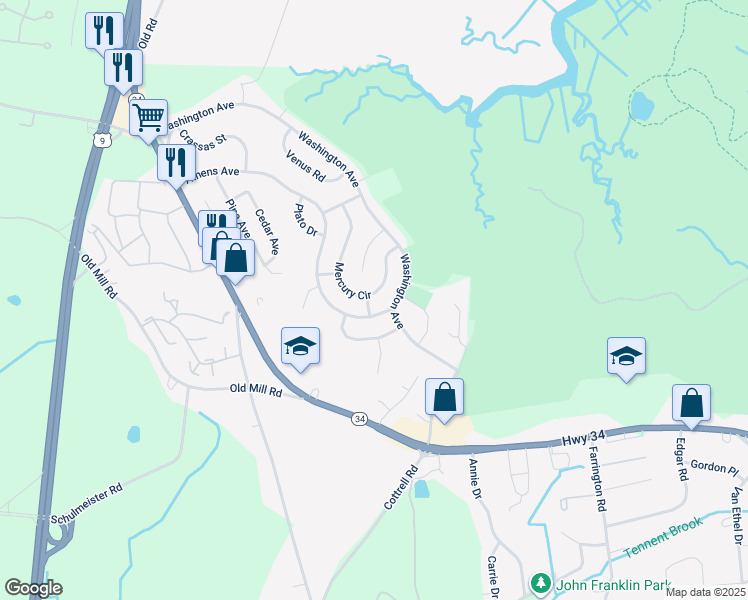 map of restaurants, bars, coffee shops, grocery stores, and more near 39 Mercury Circle in South Amboy