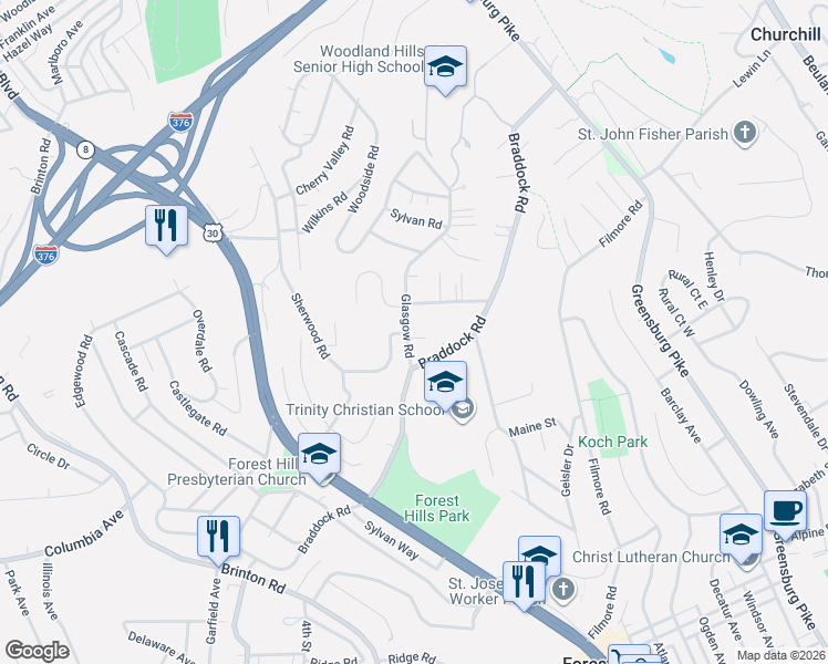 map of restaurants, bars, coffee shops, grocery stores, and more near 217 Beaver Drive in Pittsburgh
